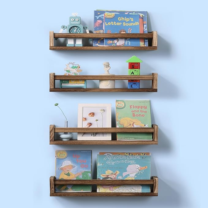 Nursery Room Shelves Set of 4, Wood Floating Book Shelves