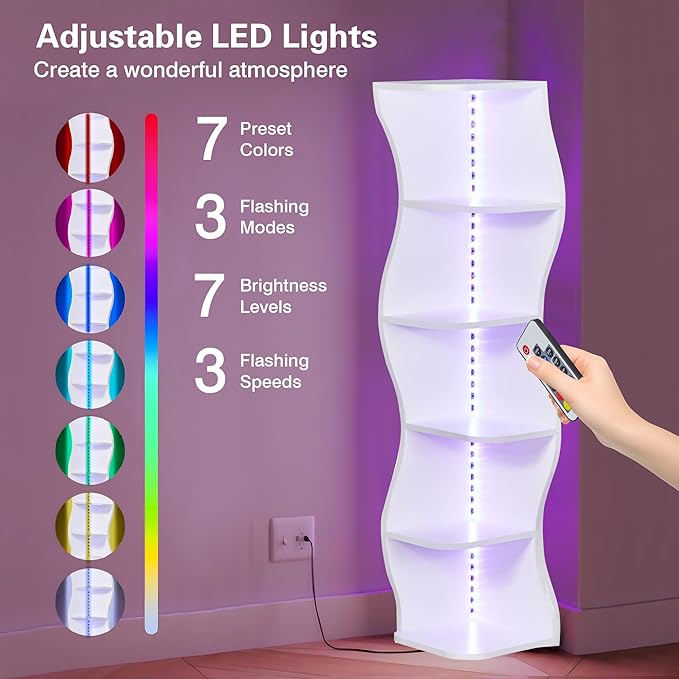 VECELO Wavy Corner Shelf with LED Light, Decorative 6-Tier Corner Display