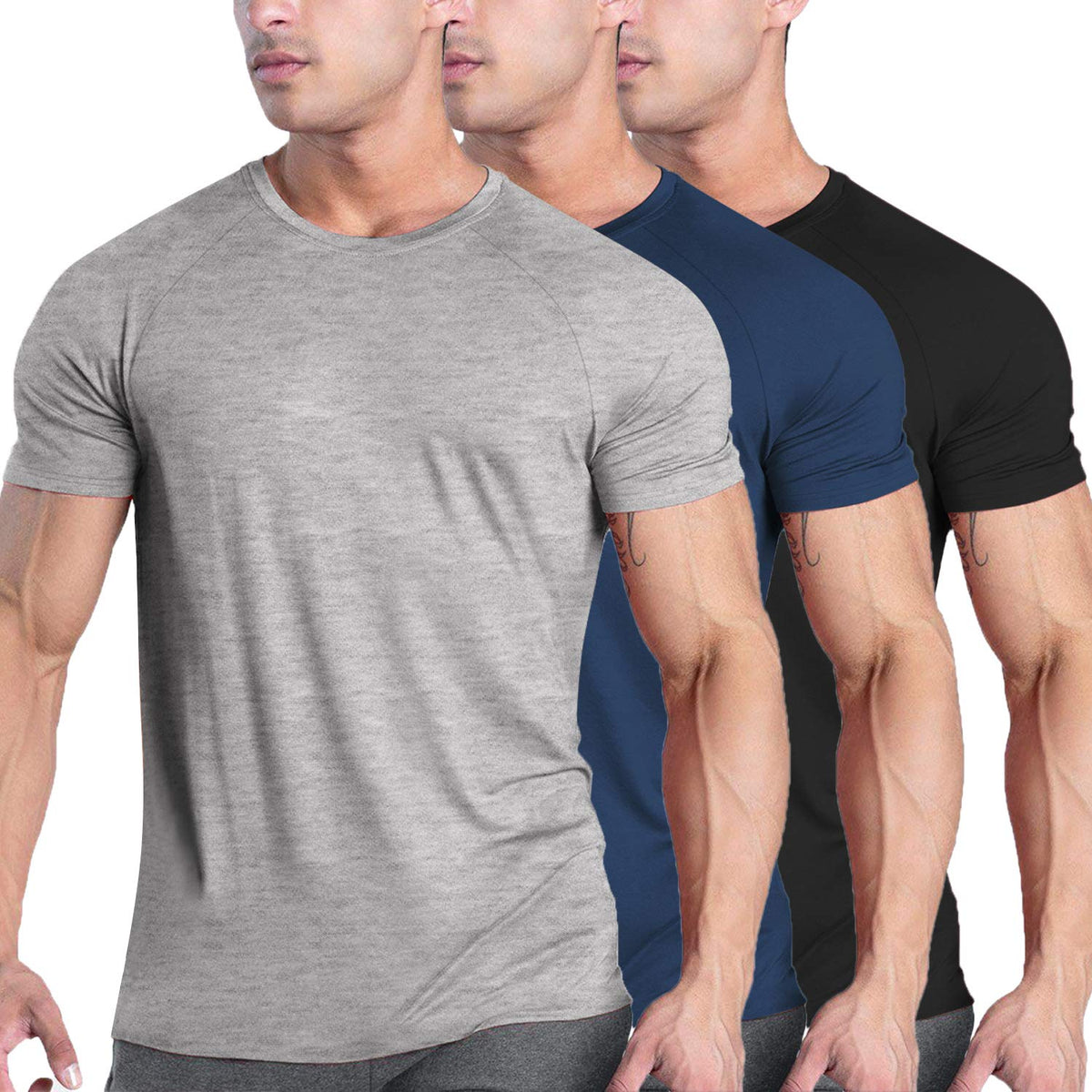 COOFANDY Men 3 Pack Workout T Shirt Short Sleeve Gym Bodybuilding Muscle Shirts Base Layer Fitness Tee Tops 02-Black/Navy Blue/Grey