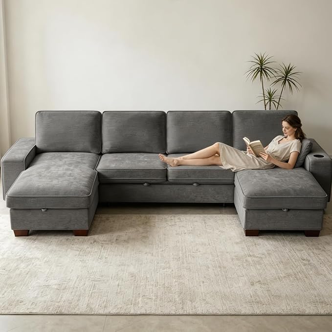 129" Convertible Sleeper Sofa Bed, L Shaped