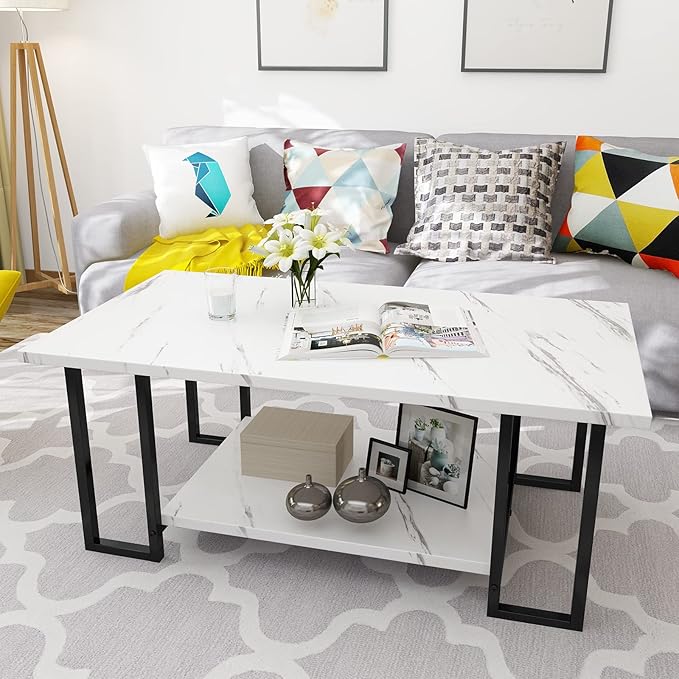 AWQM Marble Coffee Table, Faux Marble Top Rectangular Coffee Table