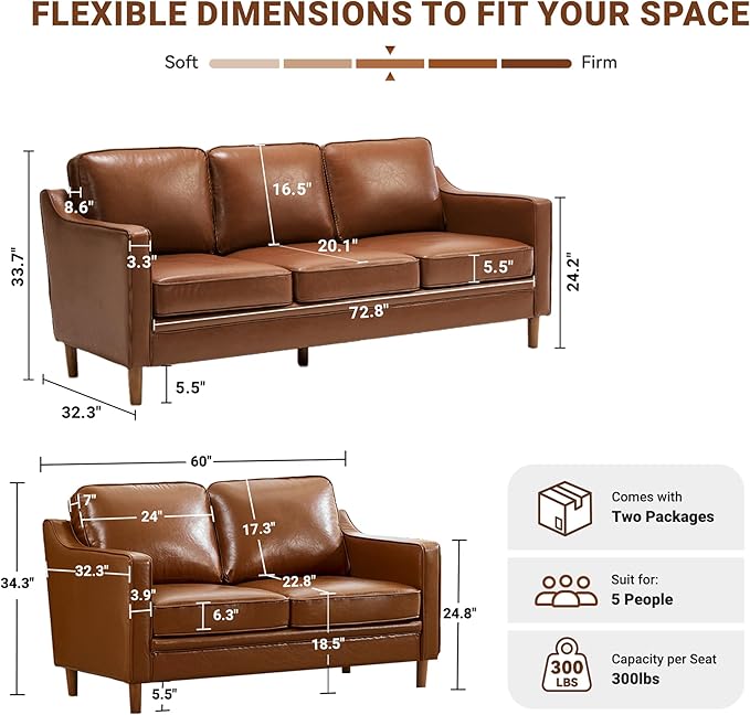 Kingfun Living Room Furniture Sets, 3 Seater Couch and Loveseat, Mid Century