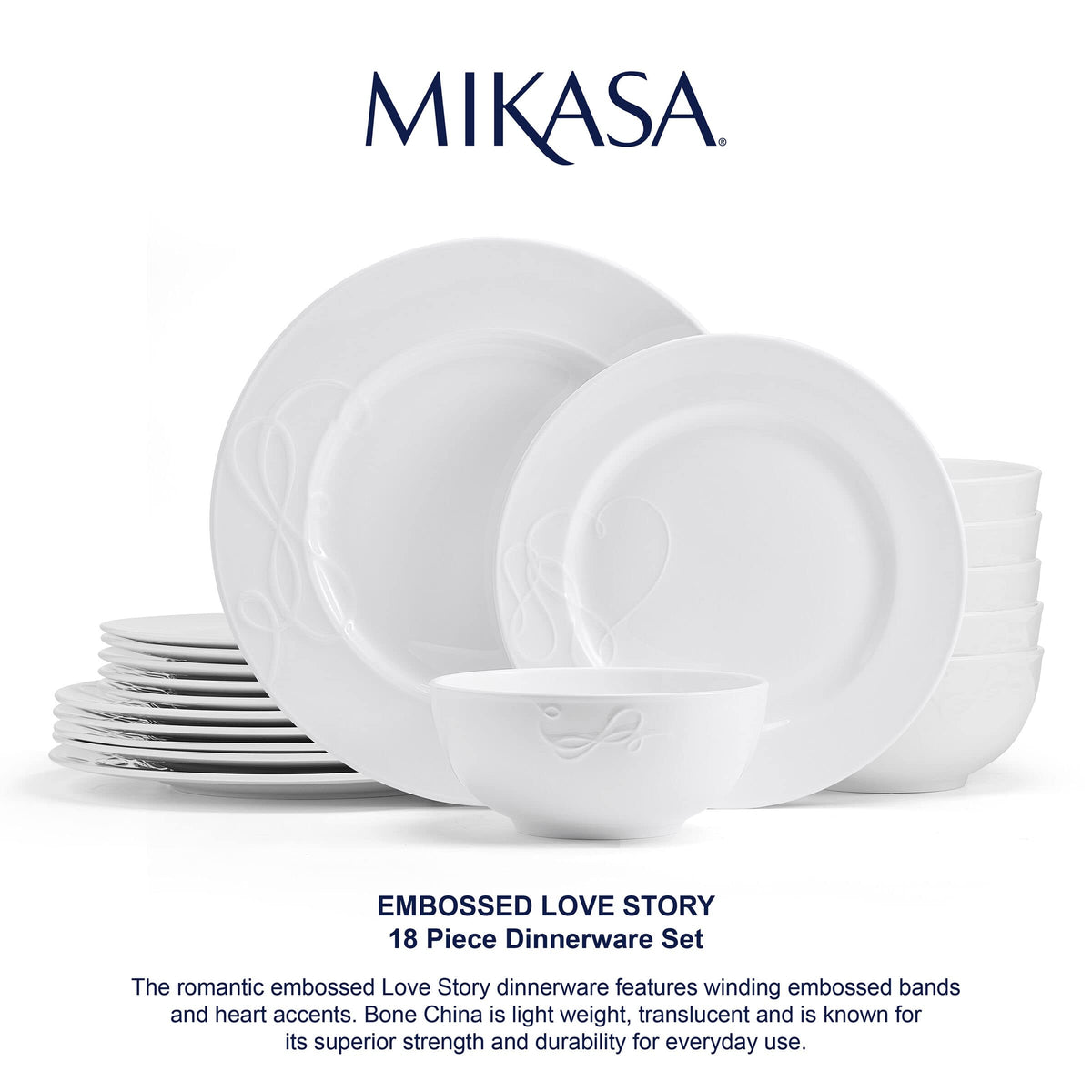 Mikasa Love Story White Chip Resistant 18 Piece Dinnerware Set, Service for 6