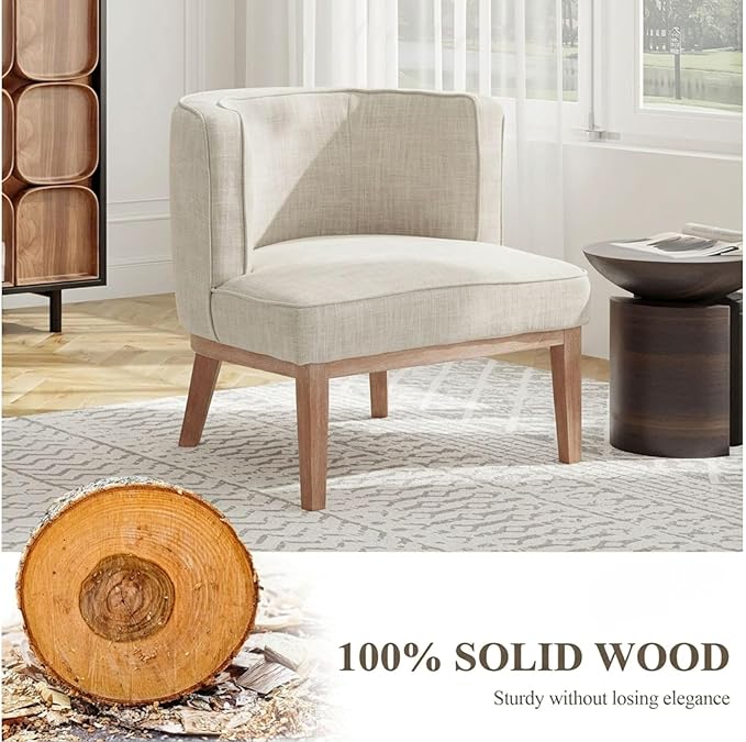 Beige Barrel Chair with Solid Wood Frame, Small Round Accent Chair, Comfy Linen