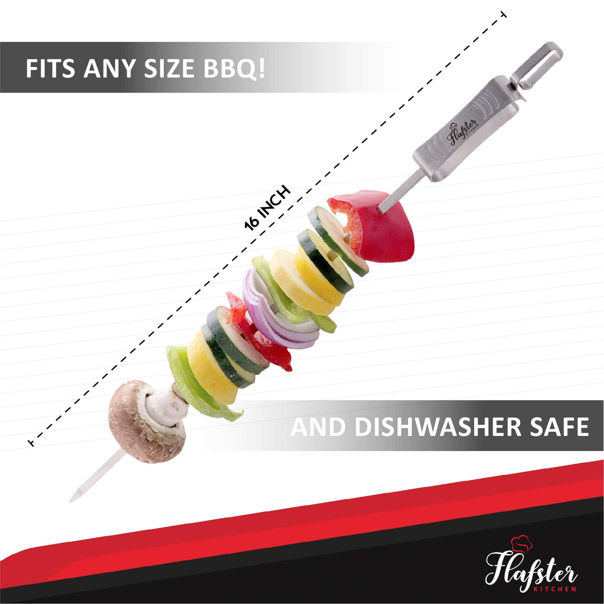 "FLAFSTER KITCHEN BBQ Skewers for Grilling - 16" Stainless Steel Flat Kebab Sticks with Push Bar, Reusable Metal Shish Kabob Skewers, Set of 6"
