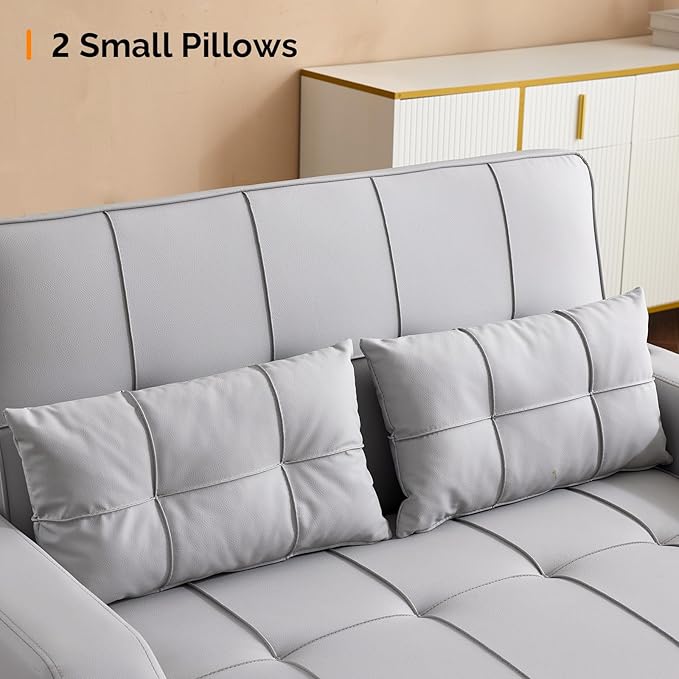 VINGLI Convertible Loveseat Sleeper Sofa, Light Grey Faux Leather Futon Sofa