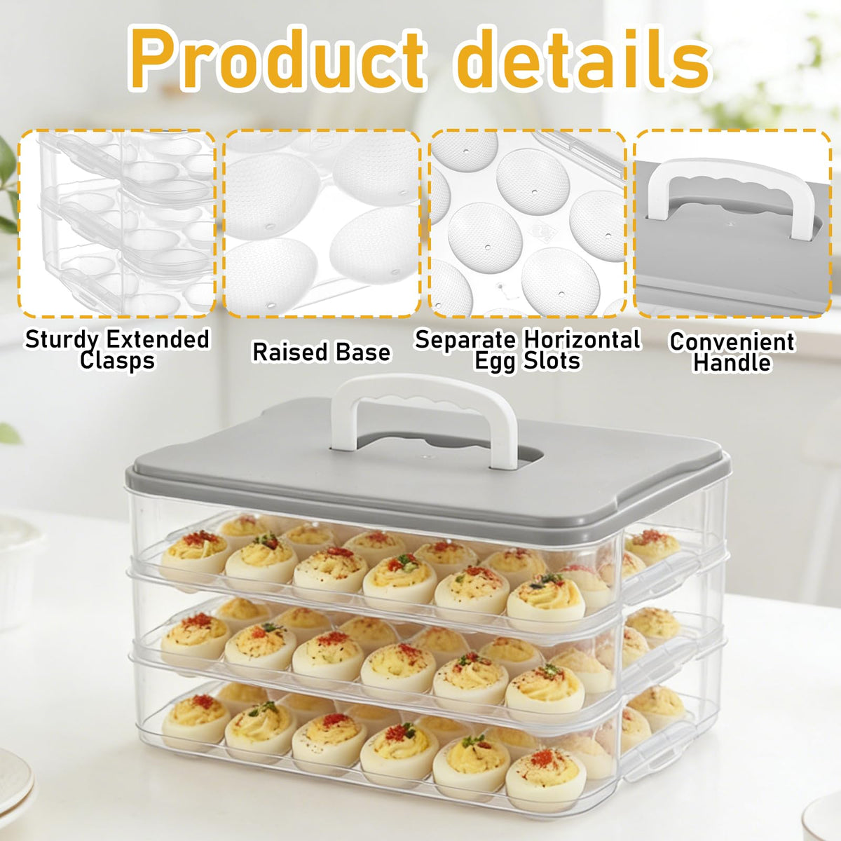 BOUTICOL 3-Layer Deviled Egg Container with Lid and Handle, Clear Plastic Deviled Egg Carrier Storage 72 Eggs, Portable Stackable Eggs Holder Platter for Easter, Thanksgiving Day, Party, Picnic
