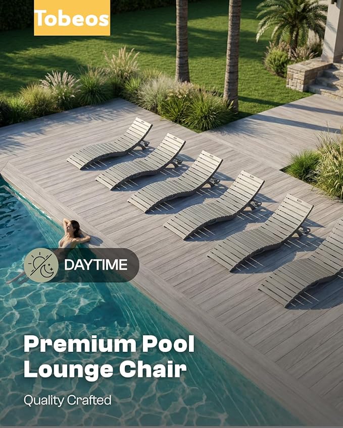 Folding HDPE Pool Lounge Chairs Set of 2, Pre-Assembled Outdoor Chaise Lounge