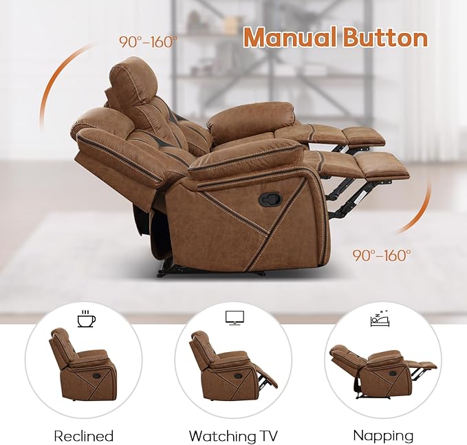 EBELLO Manual Recliner Sofa Set, Faux Leather Reclining Living Room Furniture