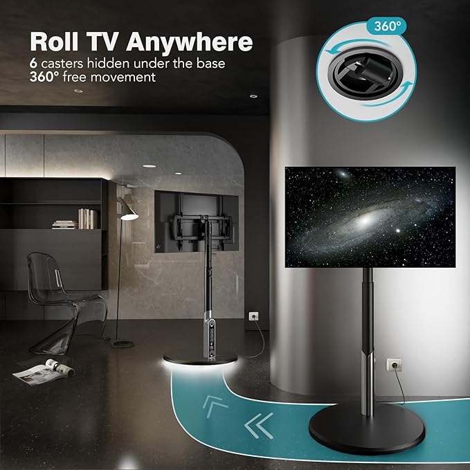 Floor Mobile TV Stand with Power Outlet, Rolling TV Cart