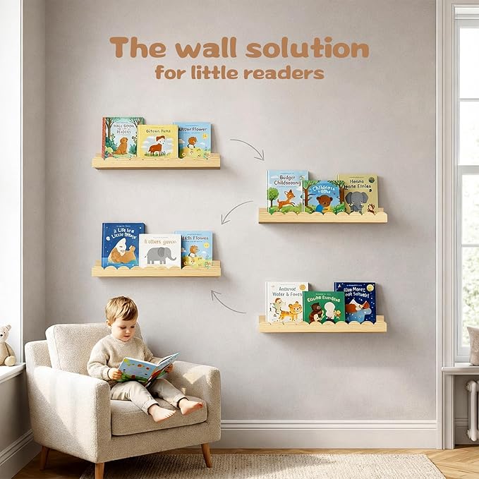 Nursery Floating Shelves for Kids Room, 4 Pack 15.7 Inch Natural Wood Wall