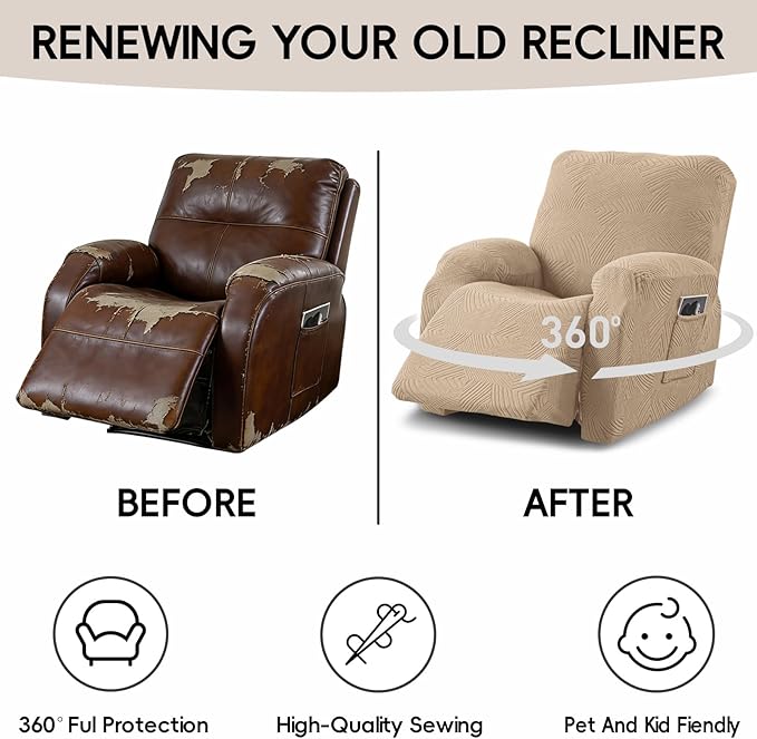 Recliner Chair Covers, 4-Piece Stretch Geometric Strokes Jacquard Reclining