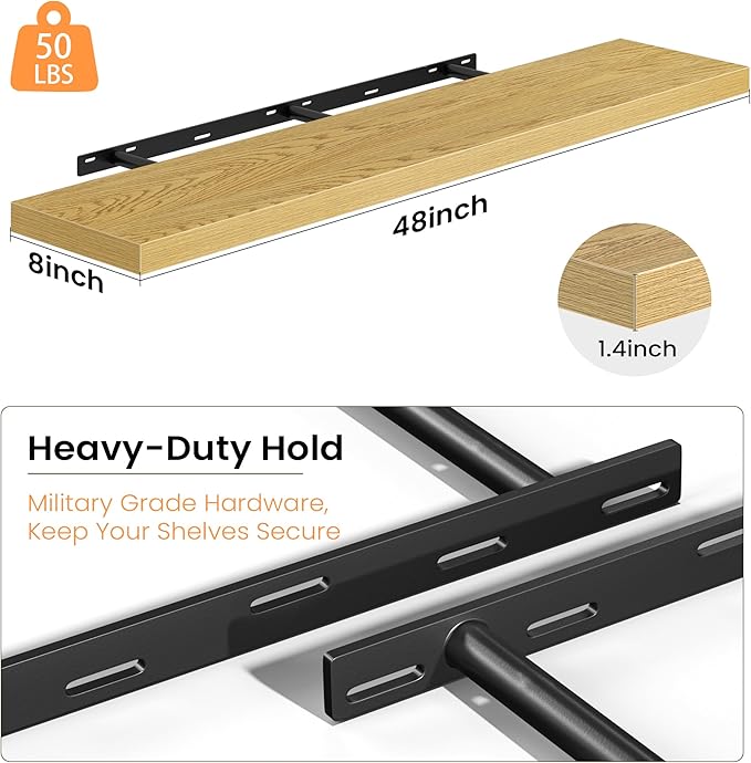 Fun Memories Floating Shelves for Wall, 48 Inch Long Set of 2 Rustic Wood Wall