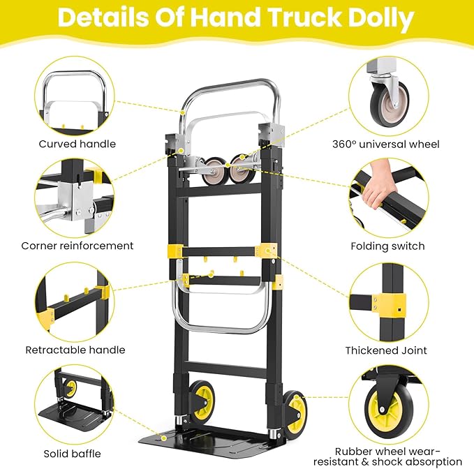 3-in-1 Folding Hand Trucks, 600Lbs Convertible Hand Truck Dolly, Heavy Duty