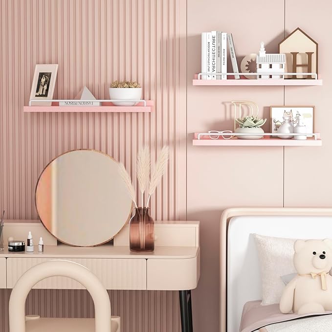 RYOFOBETTO Pink and White Floating Shelves, Kawaii Room Decor Wall Shelves