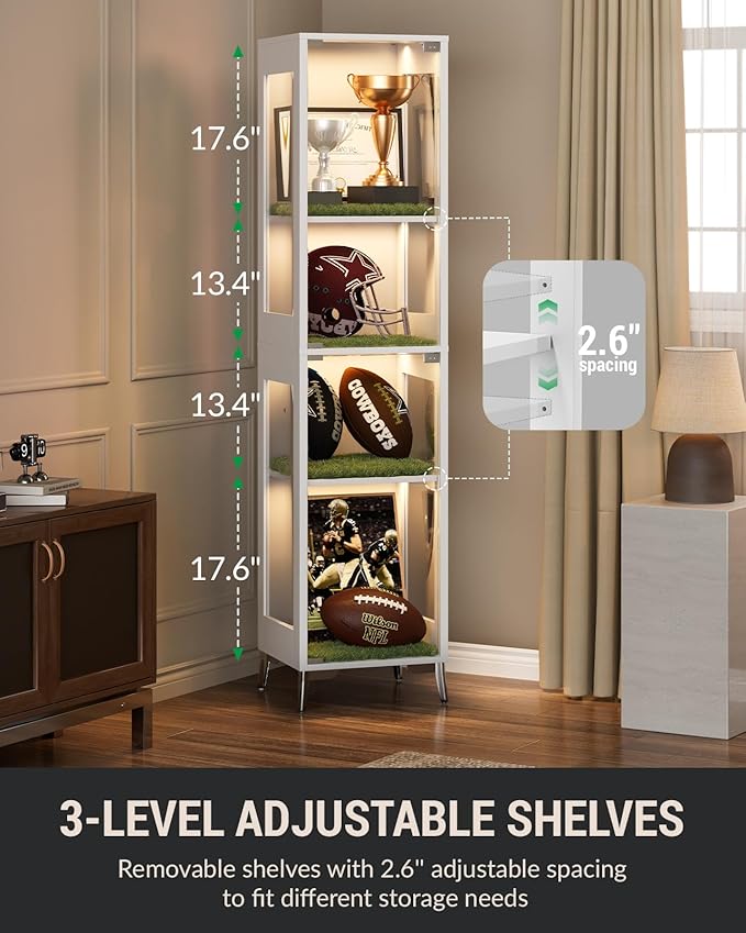 Glass Display Cabinet, 4-Tier Curio Cabinet, Adjustable Shelves, 000 Color