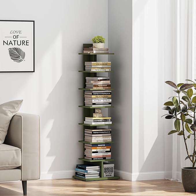 TUTOTAK Bookshelf, 8-Tier Bookcase, Narrow Spine Book Shelf