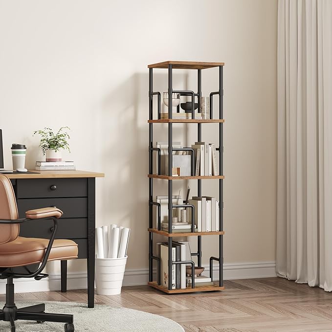 MAHANCRIS 4-Tier Rotating Bookshelf, Freestanding Corner Bookshelf, 360°