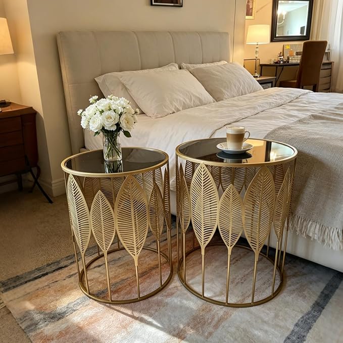 Homebeez Gold Nesting Tables Set of 2, Glam Leaf Design Round End Table