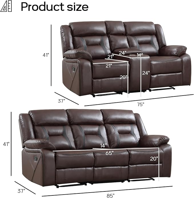 EBELLO Manual Recliner Sofa Set, Faux Leather Reclining Living Room Furniture