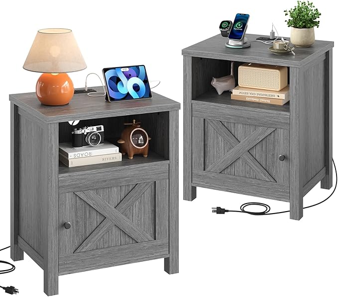 Marsail Farmhouse Nightstand Set of 2, Wood Bedside Table