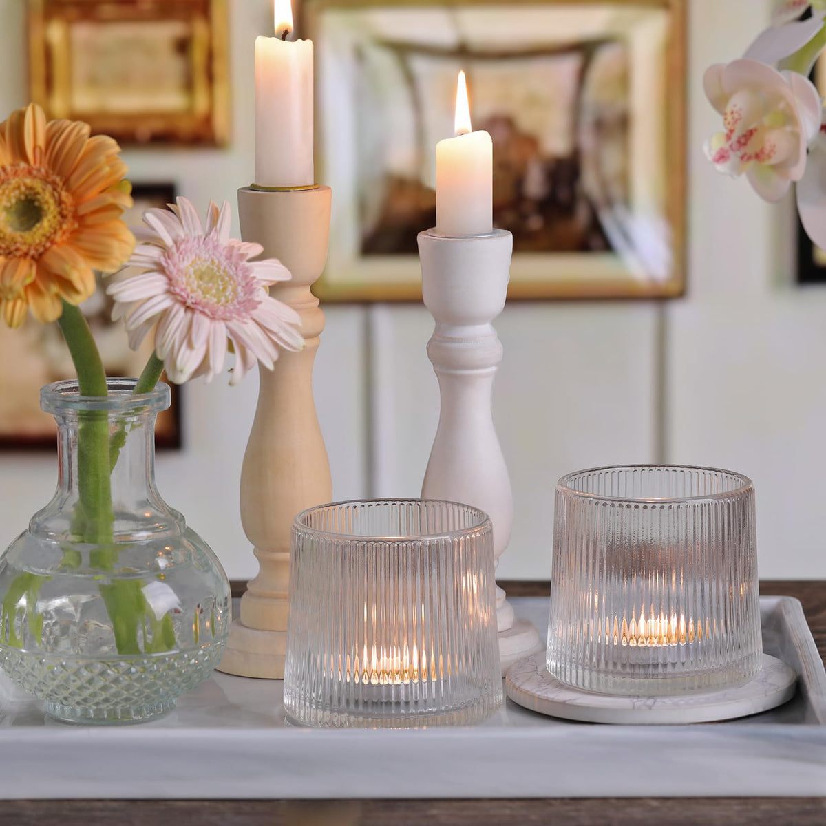DARJEN Clear Ribbed Tealight Votive Candle Holders- 6Pack Glass Candle Holders for Table Centerpiece, Home Decor, Wedding Decor, Party Dinner