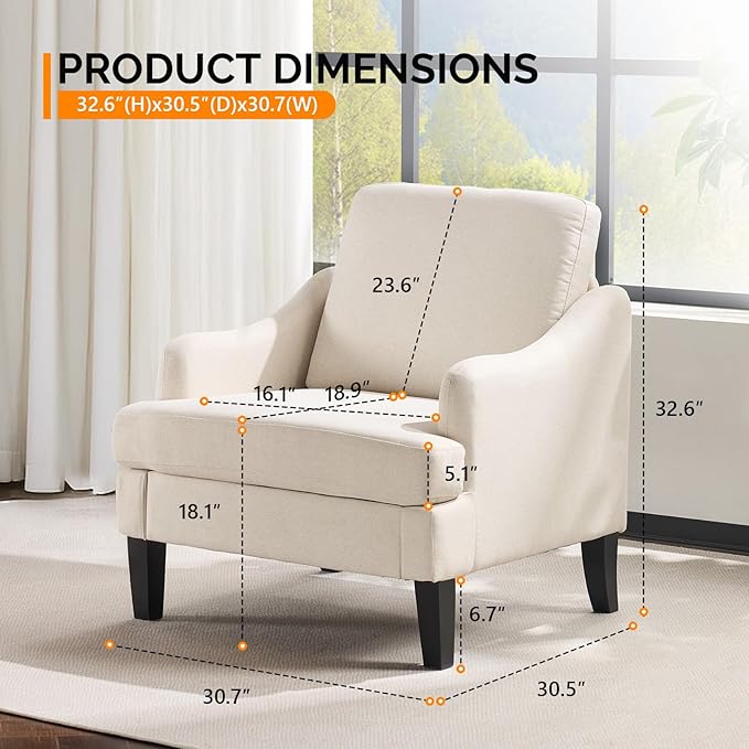 VINGLI Linen Fabric Accent Chair Beige, Modern Upholstered Armchair, Comfy Sofa