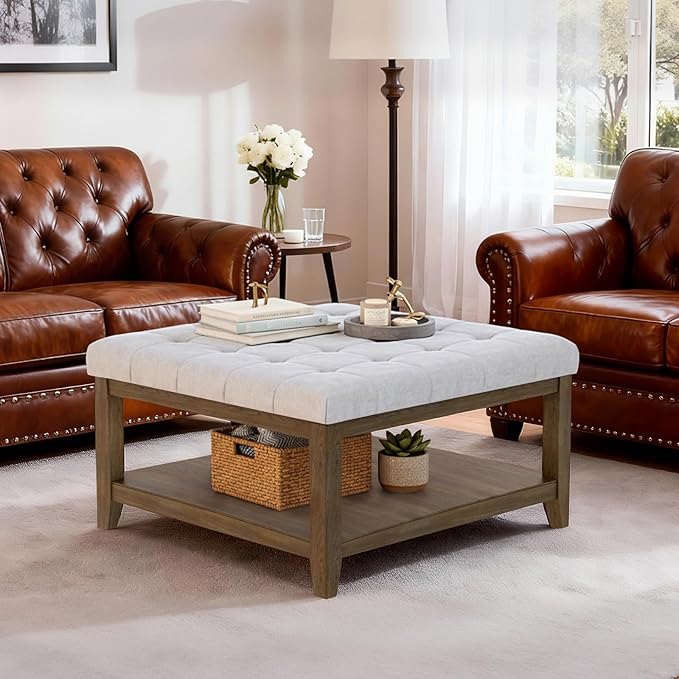 ABHENG 31.5” Large Square Storage Ottoman, Upholstery Solid Rubberwood Coffee