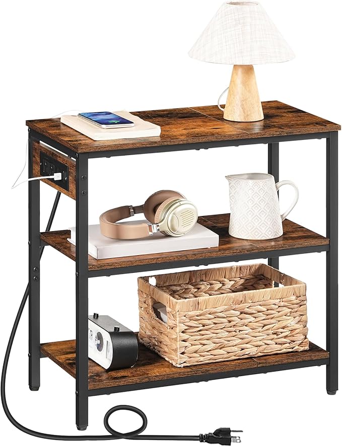 HOOBRO End Table with Charging Station, Simple Rustic Side Table with 3-Tier