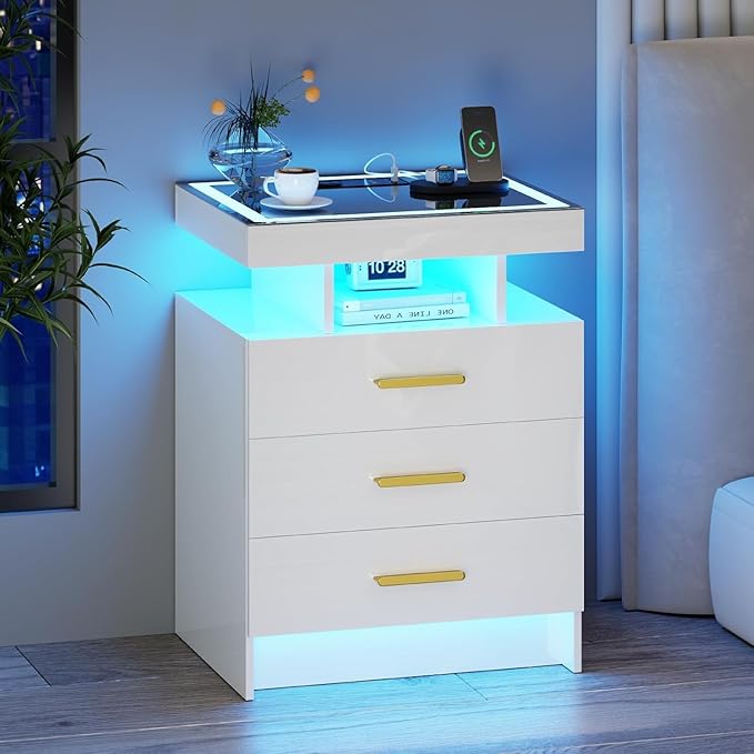 White Night Stand with Wireless Charging Station, Smart Bedside Table with 3