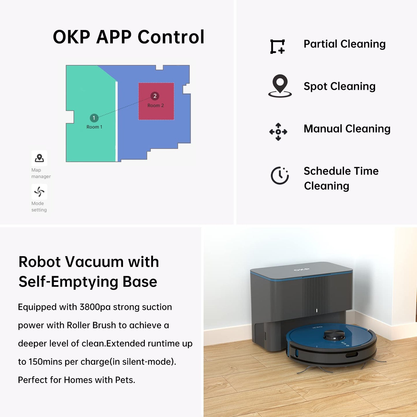 OKP Robot Vacuum L3, 4000Pa Suction, 200min Runtime, 90-Day Self-Emptying Dock, Lidar Navigation, Silent 52dB, WiFi/App/Alexa Control, Smart Home Mapping Robotic Vacuum for Pet Hair, Carpet, Floors