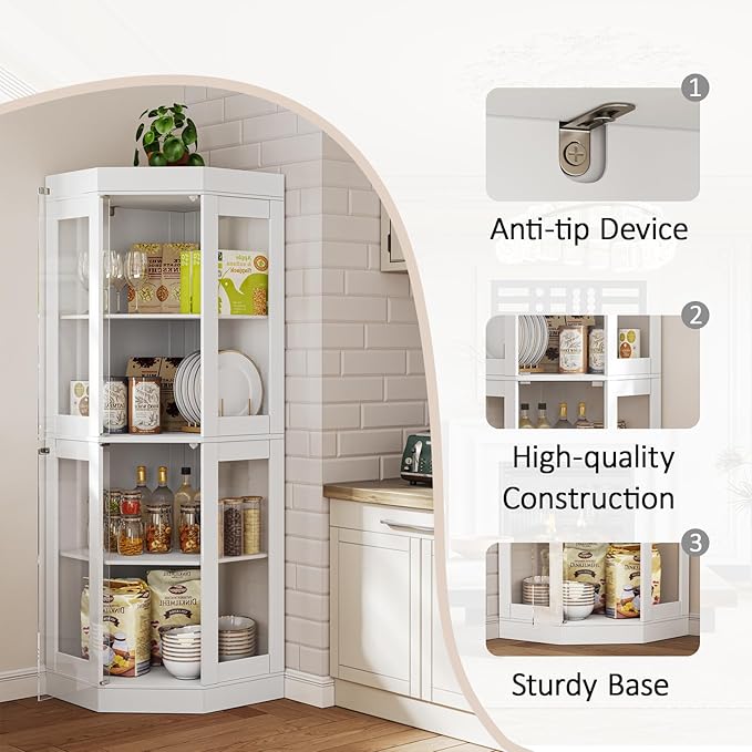 70''H Tall Corner Cabinet with Glass Doors, Farmhouse Storage Cabinet with 4