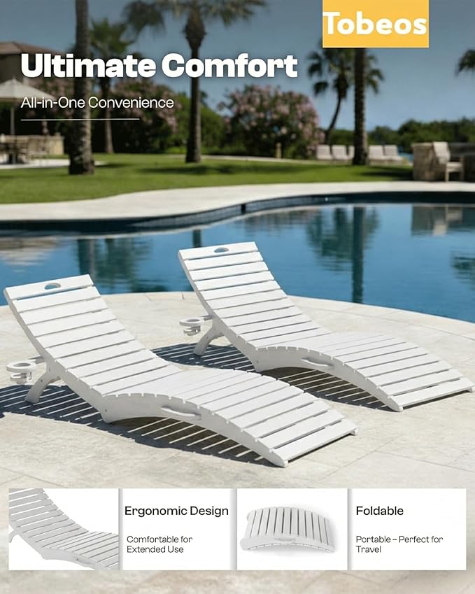 Folding HDPE Pool Lounge Chairs Set of 4, Pre-Assembled Outdoor Chaise Lounge