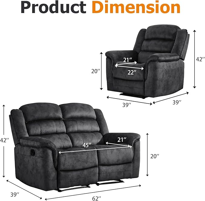 EBELLO 2 Pieces Reclining Loveseat Couch Furniture Set, Soft Fabric Manual