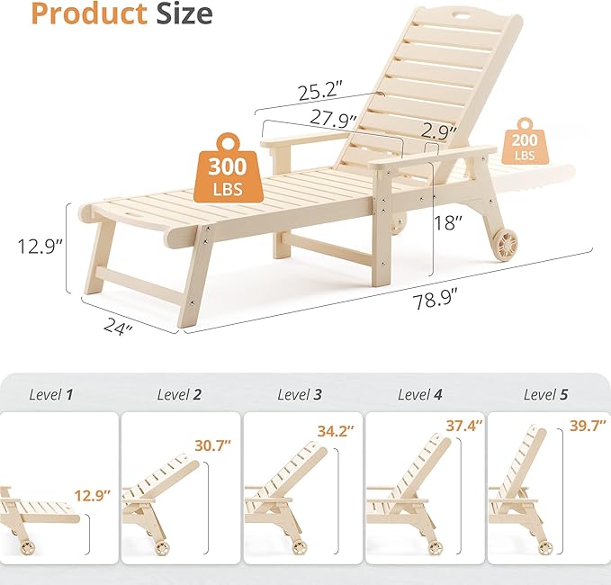 LUE BONA Lounge Chair Outdoor, HDPS Chaise Lounge Outdoor