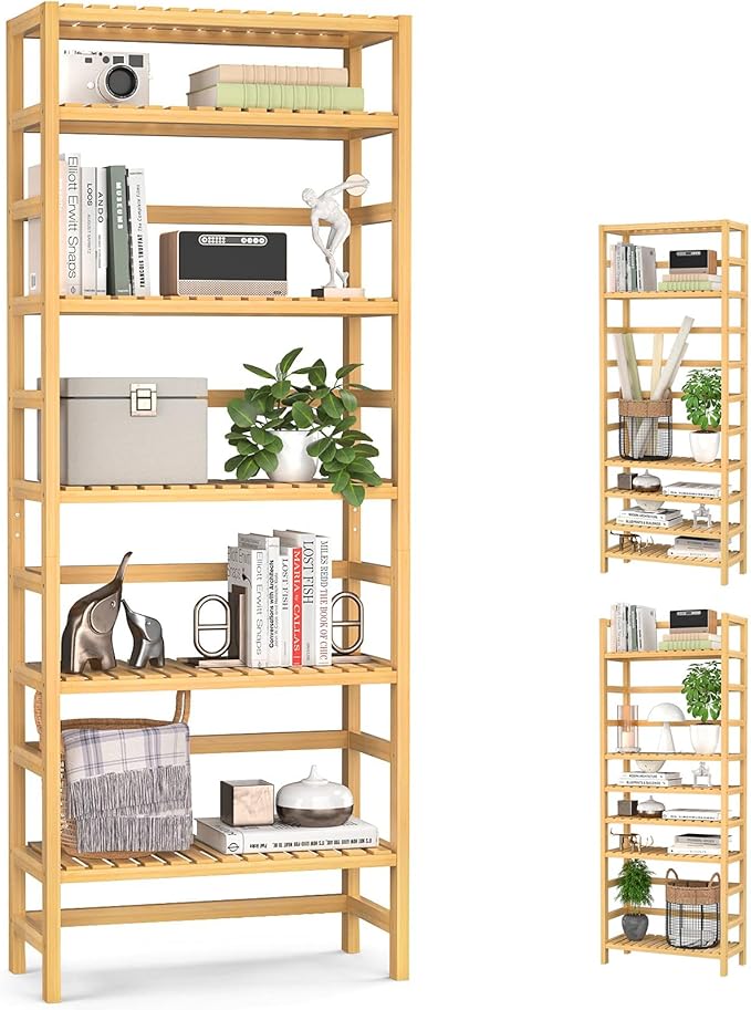 Homykic 6-Tier Bamboo Bookshelves and Bookcases, Adjustable 63.4”Tall Shallow