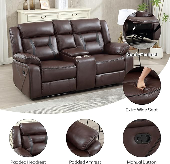 EBELLO Manual Faux Leather Loveseat Recliner, 2 Seat Reclining Sofa Chair