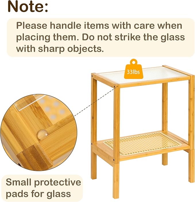 2-Tier Bamboo Side Table, Modern Glasstop Rattan Side Table, Mid Century Wood