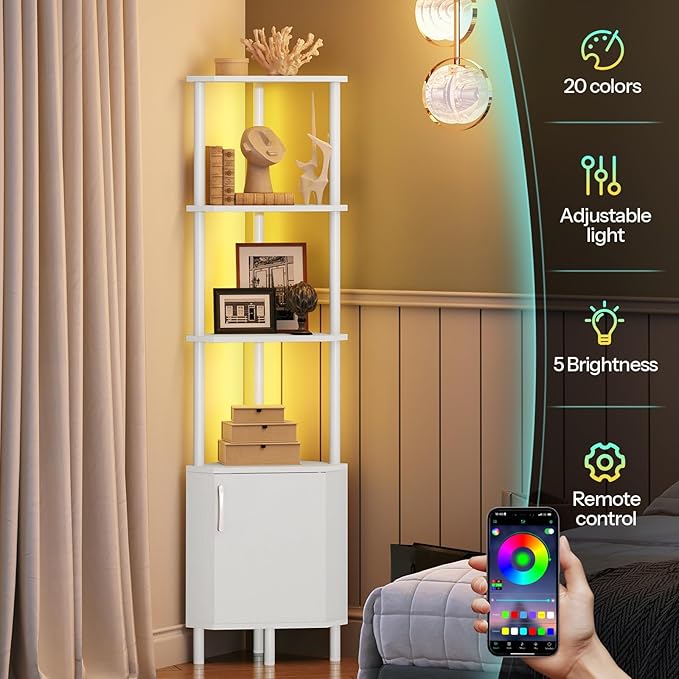HOOBRO Corner Cabinet with LED Light, Corner Shelf Stand with Storage and Doors