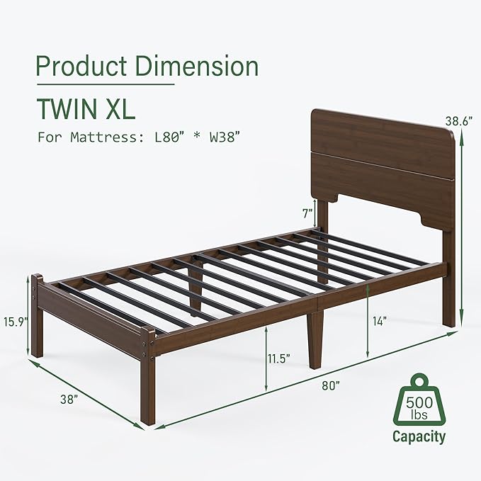 BOSRII 14in High Solid Bamboo Wood Platform Twin XL Bed Frame