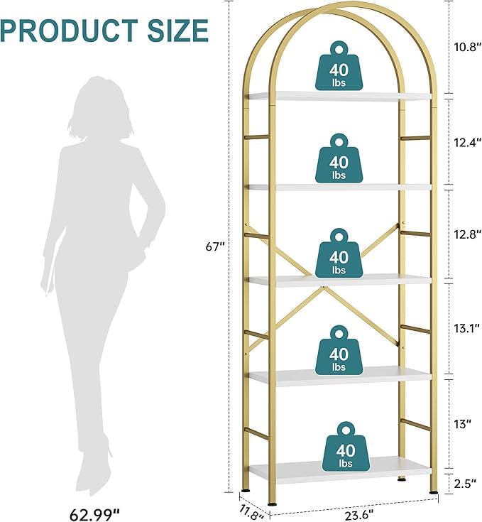 Shintenchi Bookshelf, Arched Bookshelf 5 Tier Bookcase Shelf