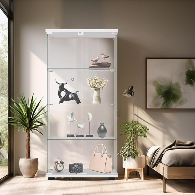 Display Cabinet with Glass Door and Lock, 4-Shelf Fast Installation in 30 Mins