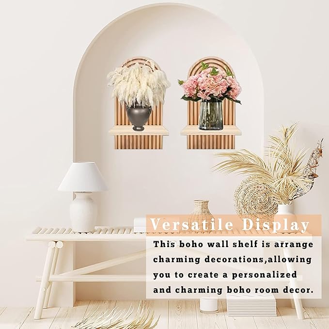 LIYAOLI Boho Wall Shelf Set of 2-15 x 8.6 Inch Arched Wooden Hanging Shelves