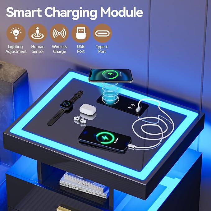Black Night Stand Set 2 with Wireless Charging Station, Smart Bedside Table