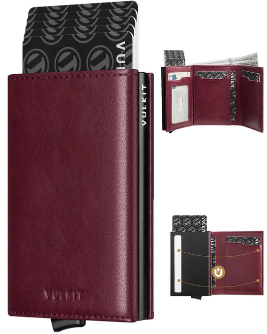 VULKIT Pop up Card Wallet Minimalist Cash Wallets RFID Blocking Leather Smart Credit Card Holder with ID window for Men(Wine)