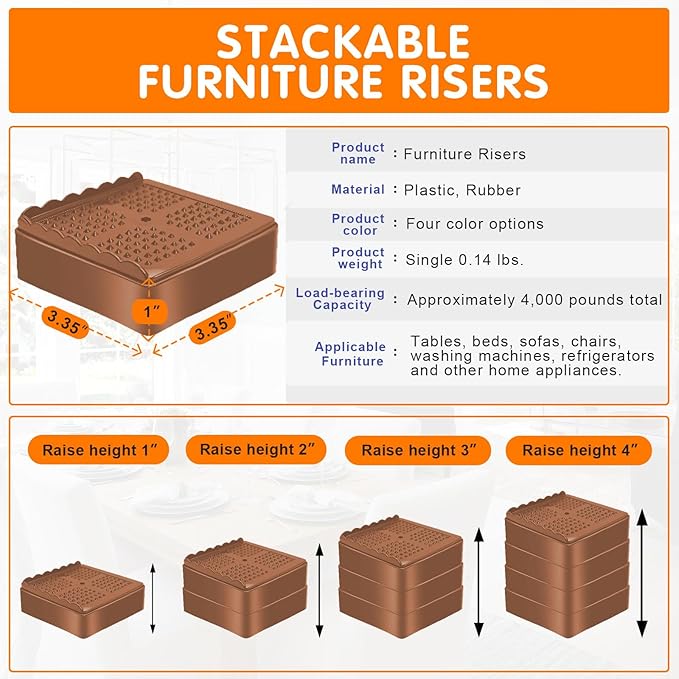 shouwuhho Furniture Risers, 4 Pack Bed Risers