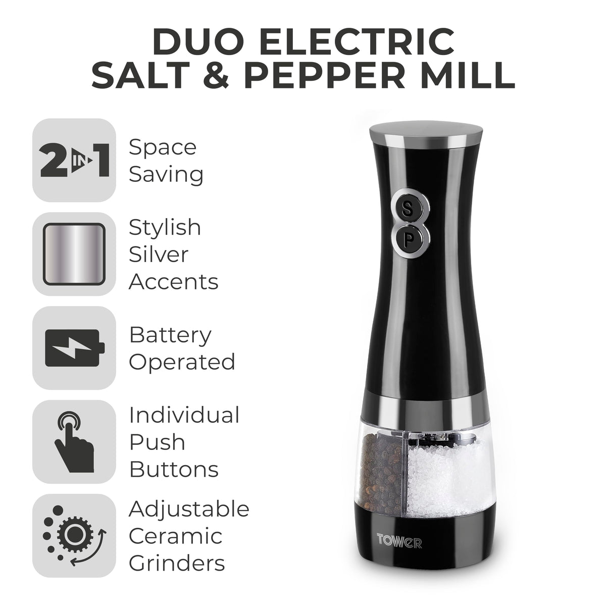 Tower Duo Electric Salt/Pepper Mill, Black