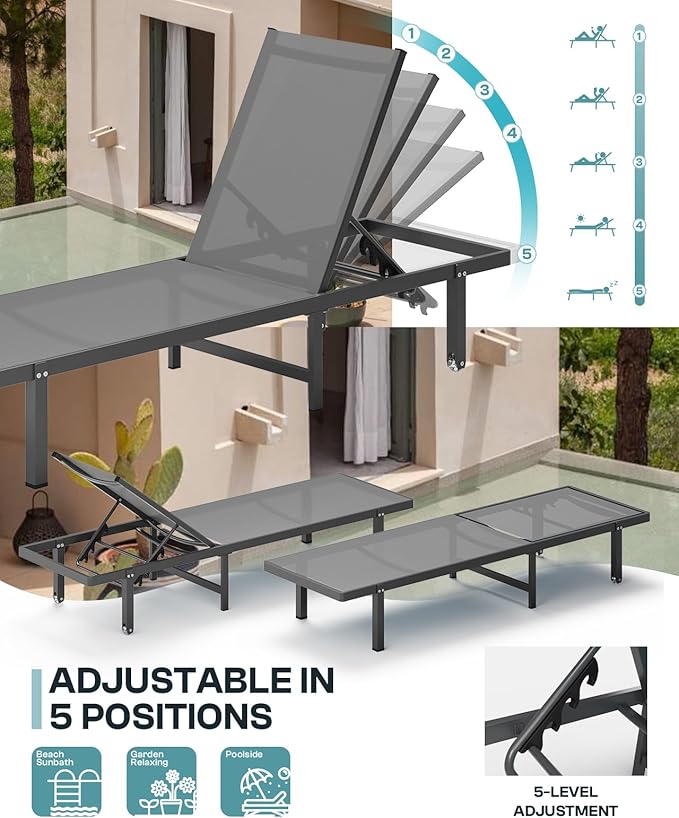 Lounge Chair Outdoor with Wheels, Aluminum Chaise Lounge Outdoor Chair with 5