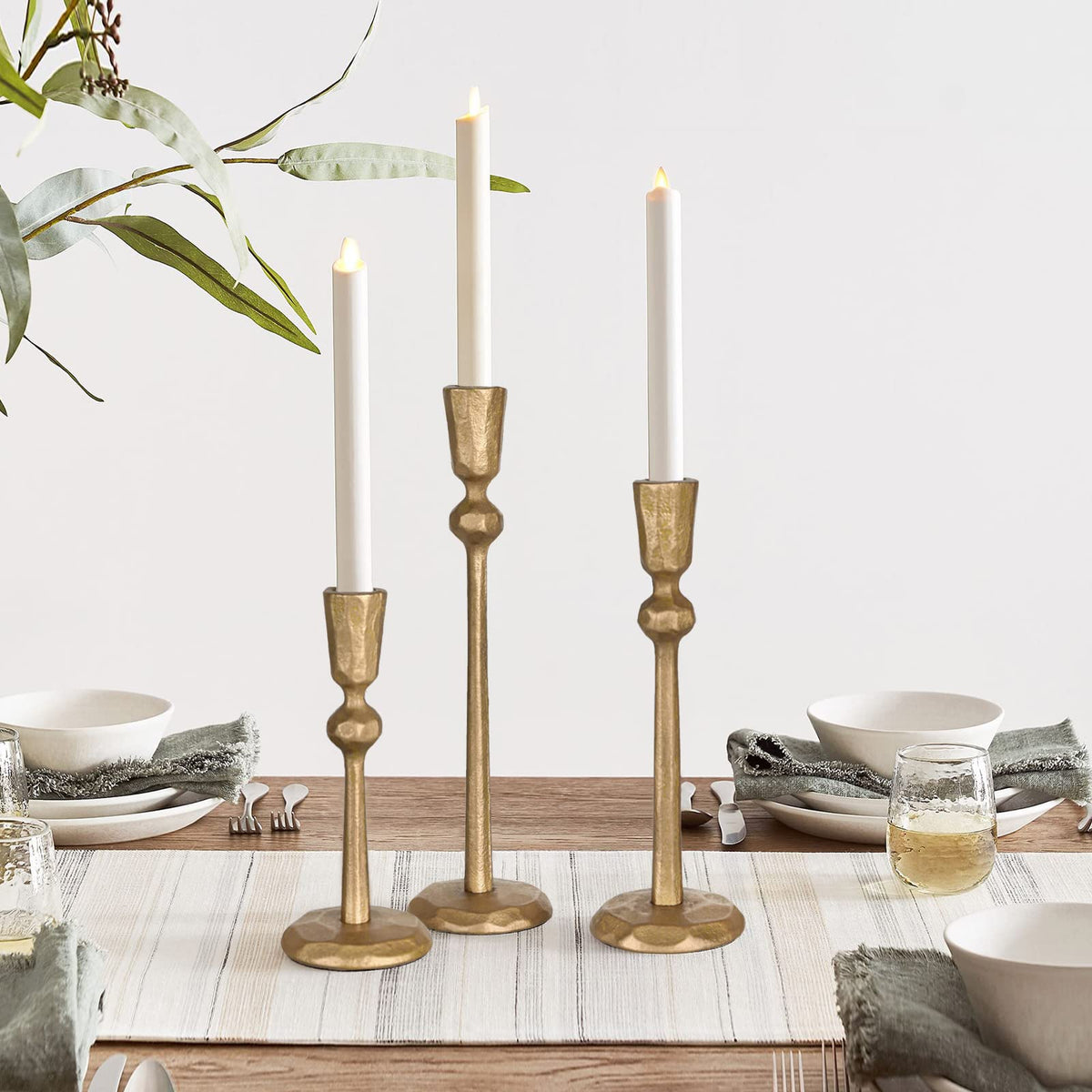 Antique Brass Iron Taper Candle Holder - Set of 3 Decorative Candle Stand, Candlestick Holder for Wedding, Dinning, Party