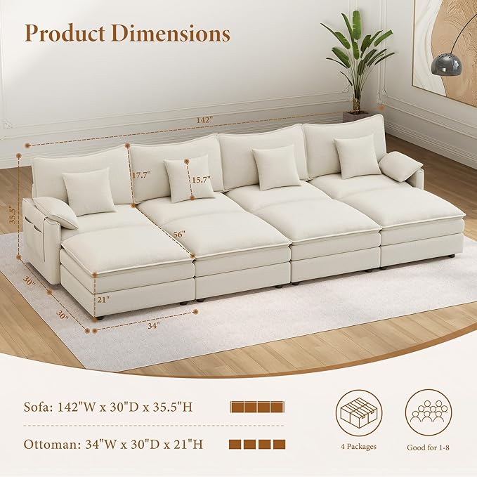 Vesgantti 142" Oversized Sectional Sofa Bed, 8-Seater Modular Sleeper Cloud